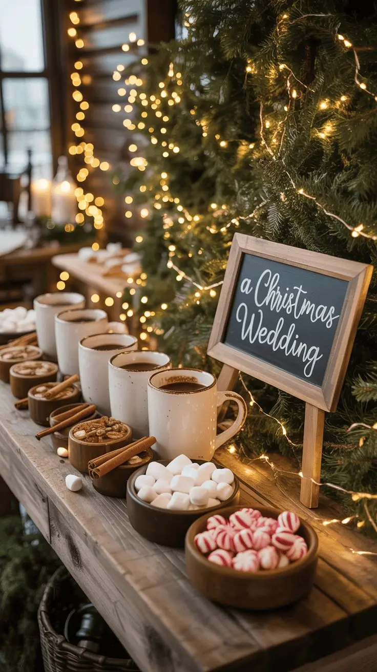 Bar à chocolat chaud et gourmandises pour un mariage d’hiver pendant les fêtes de Noël