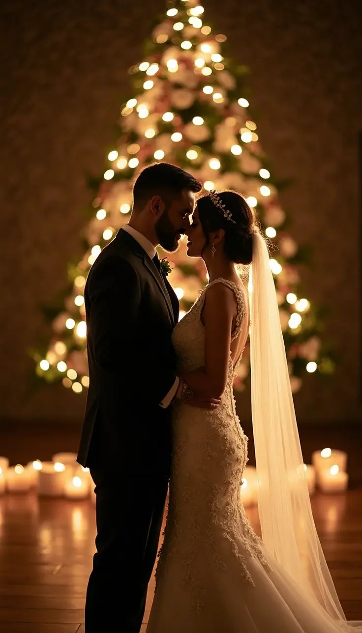 Couple de mariés posant devant un sapin de Noël illuminé lors d’un mariage d’hiver