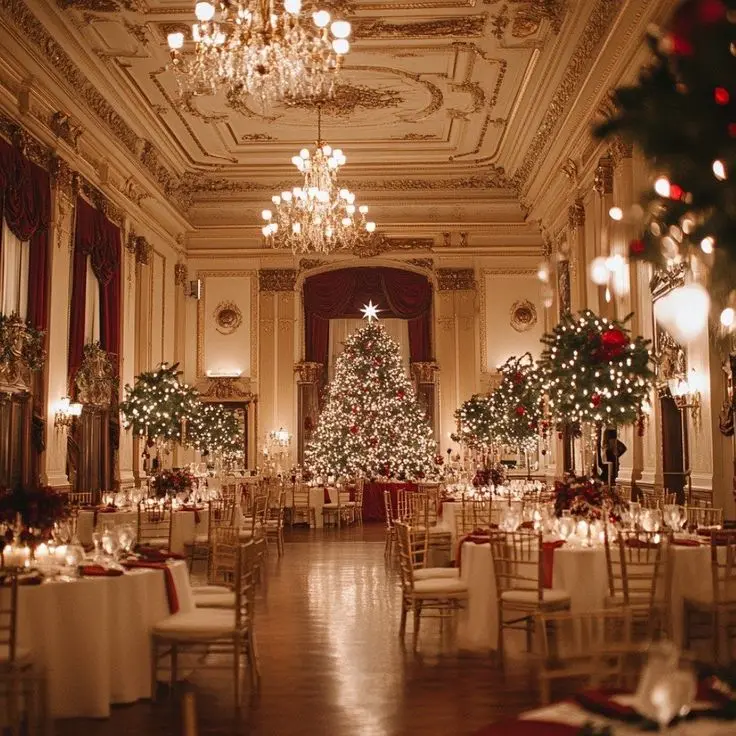 Salle de réception de mariage décorée pour Noël avec sapin, bougies et ambiance chaleureuse